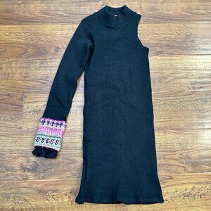 Oh My Collection one shoulder ribbed sweater dress with boho trim on sleeve